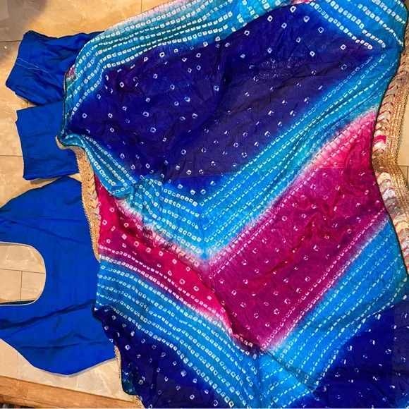 Vibrant Blue Traditional Outfit Colorful Scarf Dupatta Three Piece Pant Suit - Picture 4 of 4